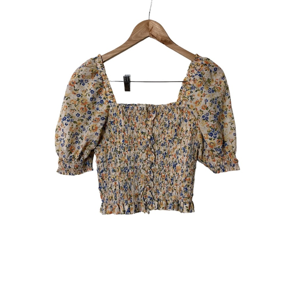 Sezane Floral Smocked Puff-Sleeve Crop Top in Yellow and Blue - Picture 2 of 7